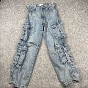 Zara Wide Leg Baggy Cargo Jeans Womens 4 Blue Denim Barrel Buckle Grunge Y2K